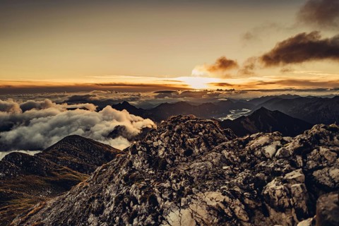 Sunrise hike on the Hochplatte in the Ammergau Alps, Ammergebirge in the Allgäu, Bavaria, Germany,