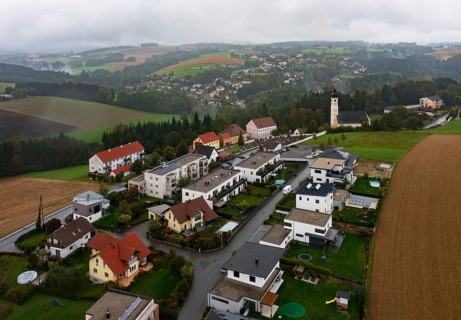 Drone image, residential buildings, view of village with church, Brunnenthal, Innviertel, Upper