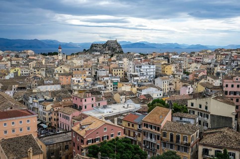 Corfu Town, Corfu, Greece, City overview Corfu Town with the Greek Orthodox Church of Agios
