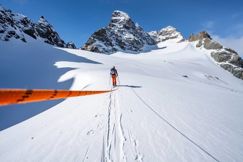 Ski tourer with rope, rope team on the Vadret da Porchabella glacier on the ascent to the summit of