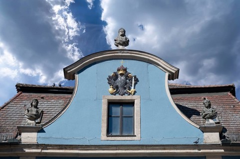 Gable of the Baroque Blue House with the double-headed eagle with the imperial insignia, built