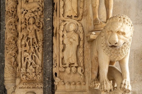 Lion at Radovan's portal of the Cathedral of St Lawrence in Trogir, Croatia, Europe