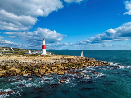 Portland Bill Lighthouse from a drone, Portland Bill, Isle of Portland, Dorset, England, United