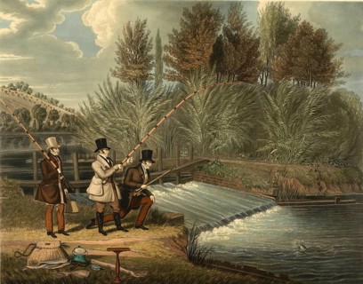 Fishing, Couple fly fishing by a river, 1860, England, Historical, digitally restored reproduction