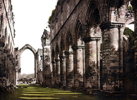Fountains Abbey, ruin of a Cistercian monastery in North Yorkshire, England, around 1890,
