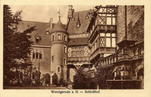 Historical postcard, picture postcard, castle courtyard in Wernigerode, Saxony-Anhalt, Germany,