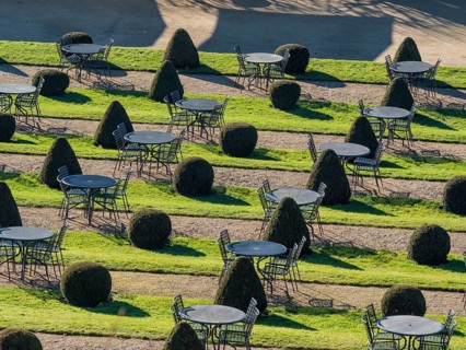 Outside tables at vineyard of castle Wackerbarth, Radebeul near Meissen, Germany, Europe