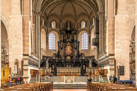 Interior and altar of St Peter's Cathedral, UNESCO World Heritage Site in Trier,
