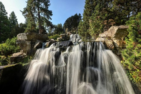 Essen, North Rhine-Westphalia, Germany - Alpinum with waterfall, Grugapark, a park in Essen,