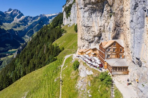Ebenalp, Guest house Aescher, Wildkirchli under the Ascher cliff, aerial view, Ebenalp, Appenzell,