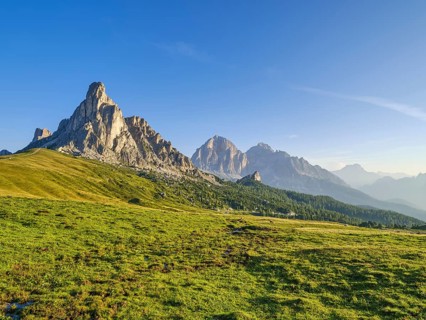 Ra Gusela at sunrise, blue sky, Passo di Giau, Dolomites, Belluno, Italy, Europe