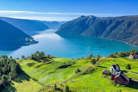 Aerial view of meadows and farms above the Lustrafjord, the inner Sognefjord, Norway, Europe