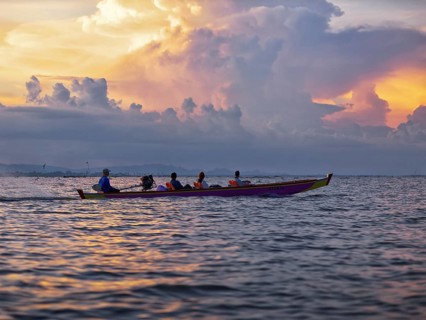 Sunset boat trip on the lake, Tempe Lake, Sulawesi, Indonesia, Asia