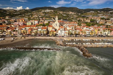 Aerial view of the town and harbour of Riva Ligure, Riviera di Ponente, Liguria, Italy, Europe