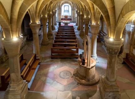Crypt with fountain under the east choir of Bamberg Cathedral, Bavaria, Germany, Europe