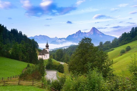 Maria Gern pilgrimage church, view of the Watzmann, in front of sunrise, Berchtesgarden Alps,