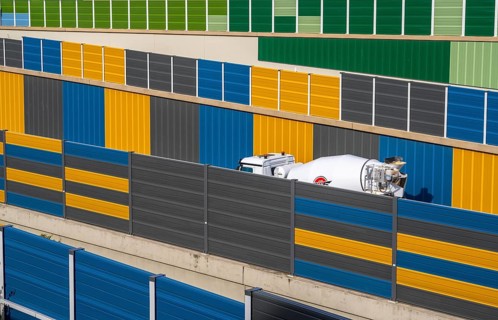 Colourful noise barriers on the A52 motorway, at the Essen-Rüttenscheid junction, the noise