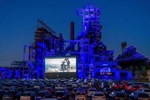 Drive-in cinema Dortmund, against the backdrop of the former blast furnace plant Phönix-West in