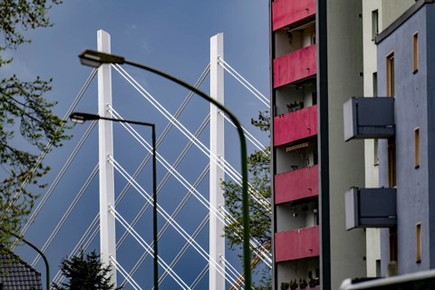 The new Rhine bridge Neuenkamp, the A40, white pillar ropes, and the old motorway bridge, which is