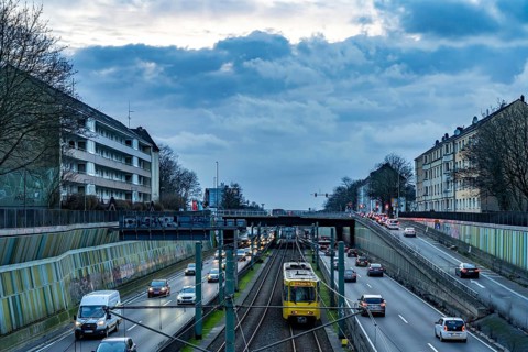 The Hausackerbrücke, inner-city road bridge over the A40 motorway and the U18 light rail line,
