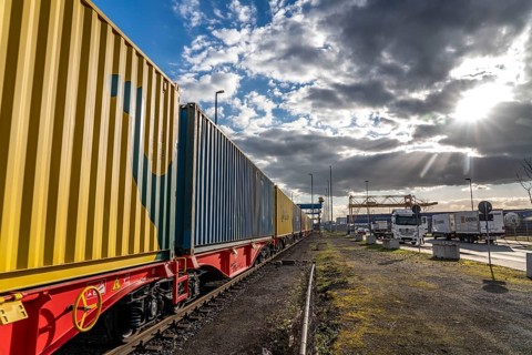 Containers arrive by train at the Logport, DIT, Duisburg Intermodal Terminal, part of the new Silk