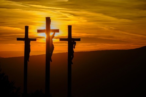Sunset, crucifixion group, three crosses on the Kreuzberg in the Rhön, Kreuzberg near Bischofsheim,