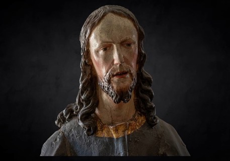 Palmesel wooden figure around 1880, Christ detail, on dark background, Dominican convent