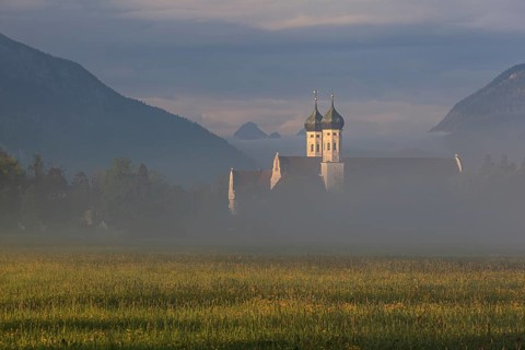 Monastery, church towers, fog, morning light, mountains, spring, Benediktbeuern Monastery, Alpine