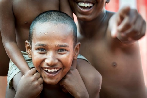Laughing children, Ramanathaswami temple, Rameshwaram or Rameswaram, Tamil Nadu, India, Asia