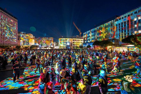 Essen Light Festival, in the city centre, light art on Kennedyplatz, the Berlin artist Daniel