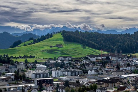 Overview Parish of Einsiedeln with monastery church, Switzerland, Europe