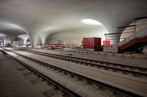 Tracks, track bed on concrete, chalice supports in the cathedral, construction site, construction