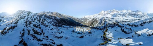Zufallhütte in Val Martello, Alpine panorama, Aerial view, Snow-covered mountain landscape, Ortler