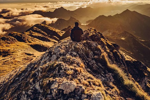 Sunrise hike on the Hochplatte in the Ammergau Alps, Ammergebirge in the Allgäu, Bavaria, Germany,
