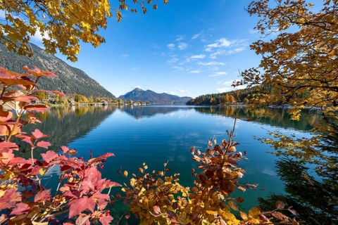 View over the lake to the village Walchensee, Walchensee with Jochberg, lake with reflection,
