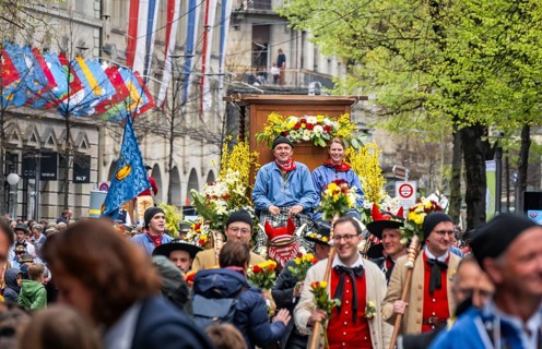 Parade of historically costumed guildsmen, Sechseläuten or Sächsilüüte, Zurich Spring Festival,