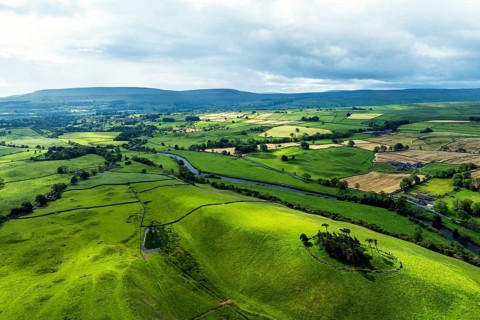 Farms and Fields over Yorkshire Dales National Park from a dron, North Yorkshire, England, United