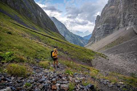 Hiker on the Carnic High Trail, Carnic Alps, Carnic Alps main ridge, Austria, Europe