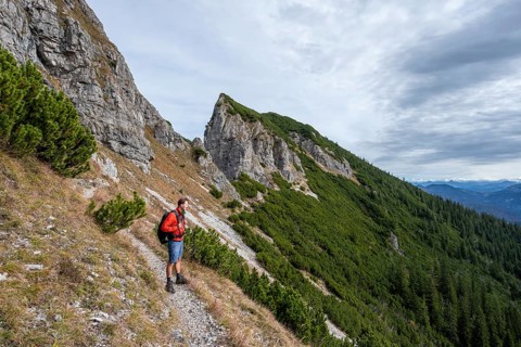 Hiker on the Schinder, Tegernsee mountains in the Mangfall mountains, Germany, Europe