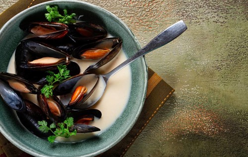 Mussels in shells, in creamy garlic sauce, mussels in bechamel sauce, homemade, no people