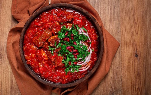 Chashushuli, a traditional Georgian dish, spicy, stewed meat with tomatoes and spices, homemade, no