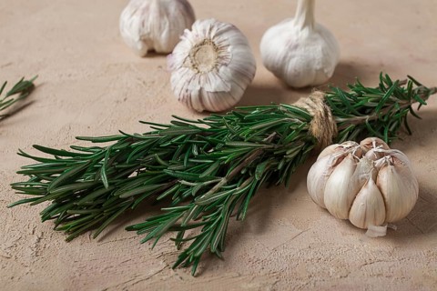 Fresh bunch of rosemary with garlic, on a beige background, food concept