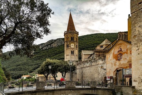 Basilica of San Biagio and town wall in Finalborgo, Finale Ligure, Riviera di Ponente, Liguria,