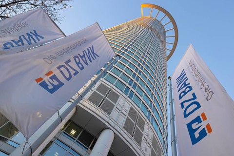 The light of the afternoon sun falls on the side of the DZ Bank headquarters in Frankfurt am Main.