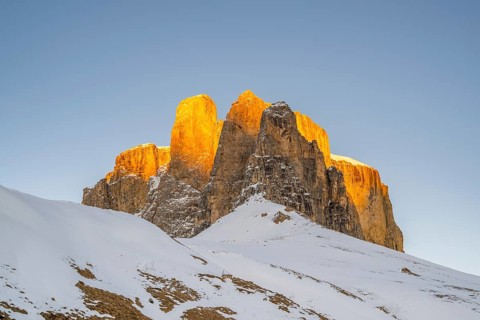 Beautiful landscape of the Mountain silhouettes of the Sexten Dolomites on a sunny winter day,