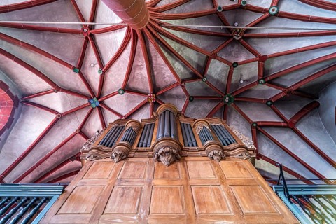 Church organ and star vault in the interior of the Catholic parish church of St Martin in the