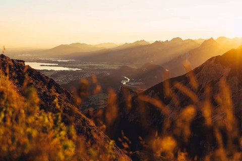 View from the Aggenstein and the foothills of the Alps in Ostallgäu and the Ammergebirge at