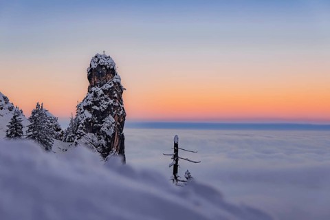 Sunrise snow tour on the Tegelberg in the Allgäu in Bavaria. Winter Wonder Land, Germany, Europe