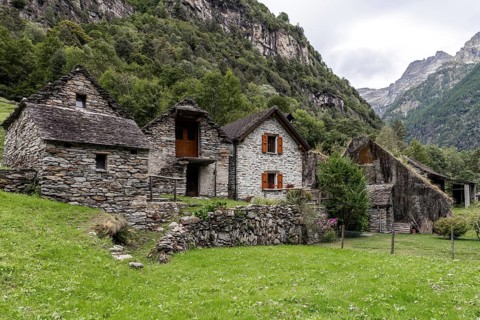Typical Ticino stone houses in the village of Sonogno, Verzasca Valley, Valle Verzasca, Canton