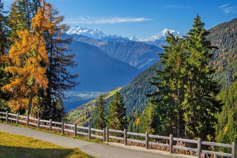 Autumn landscape above the Rhone valley with panorama of Dom 4545m, Matterhorn 4478m and Weisshorn